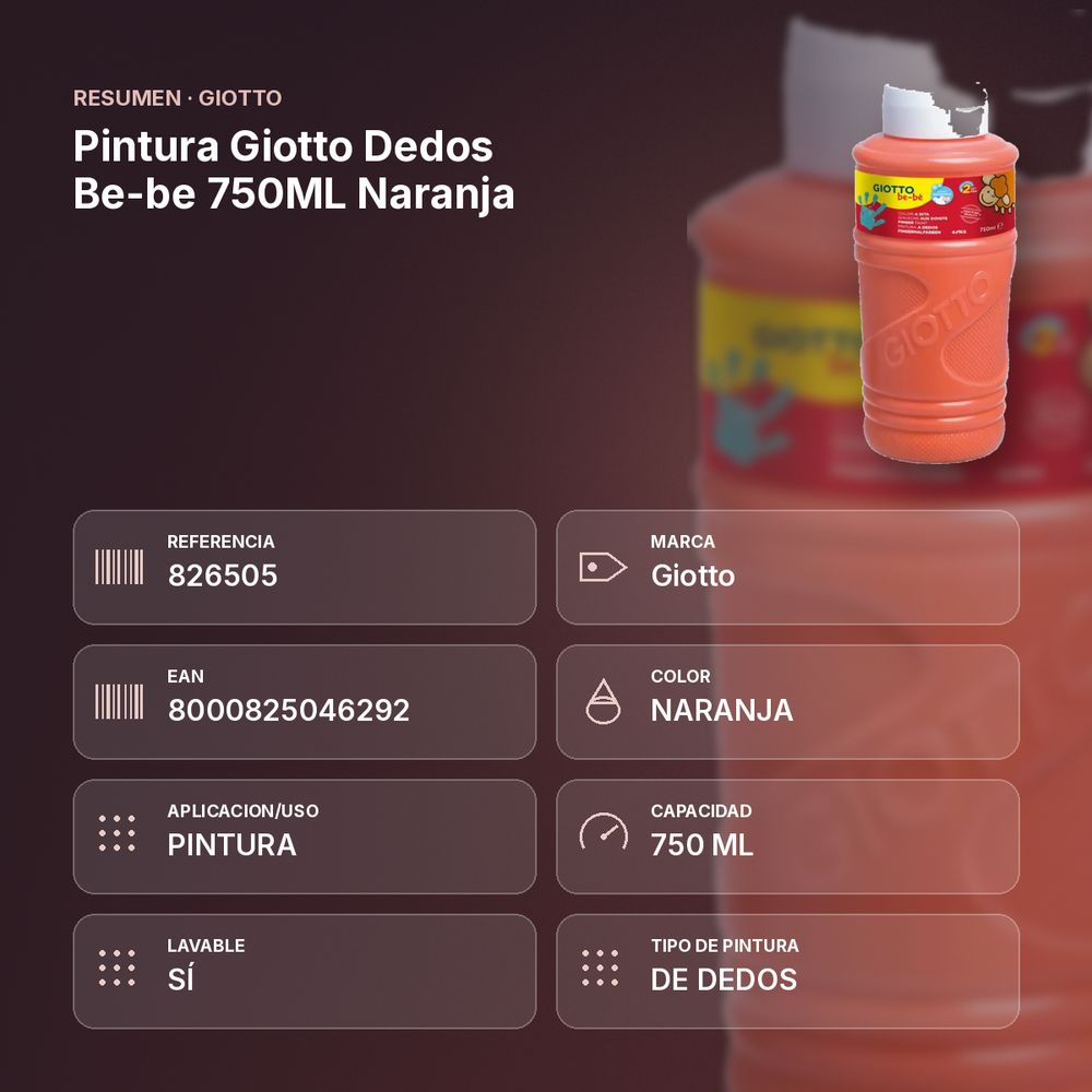 PINTURA GIOTTO DEDOS BE-BE 750ML NARANJA - resumen de atributos