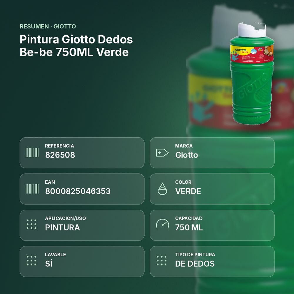 PINTURA GIOTTO DEDOS BE-BE 750ML VERDE - resumen de atributos