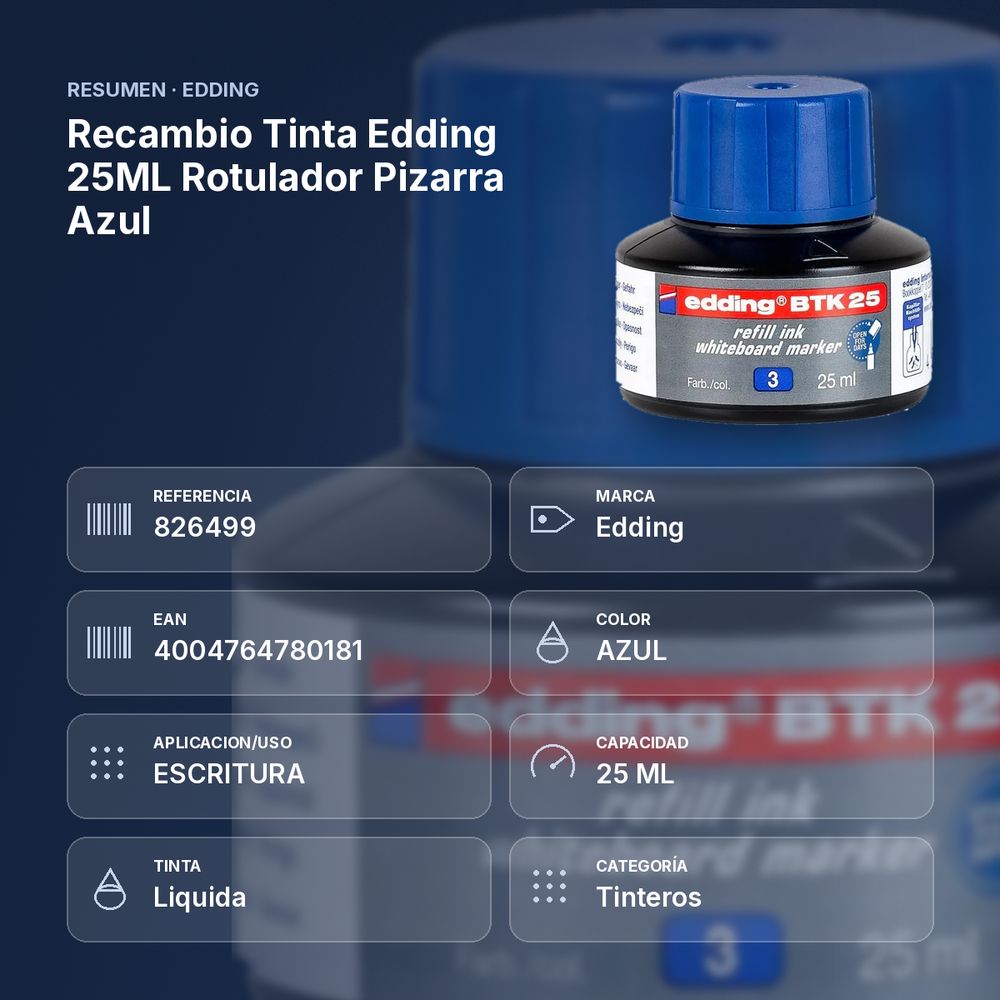 RECAMBIO TINTA EDDING 25ML ROTULADOR PIZARRA AZUL  - resumen de atributos