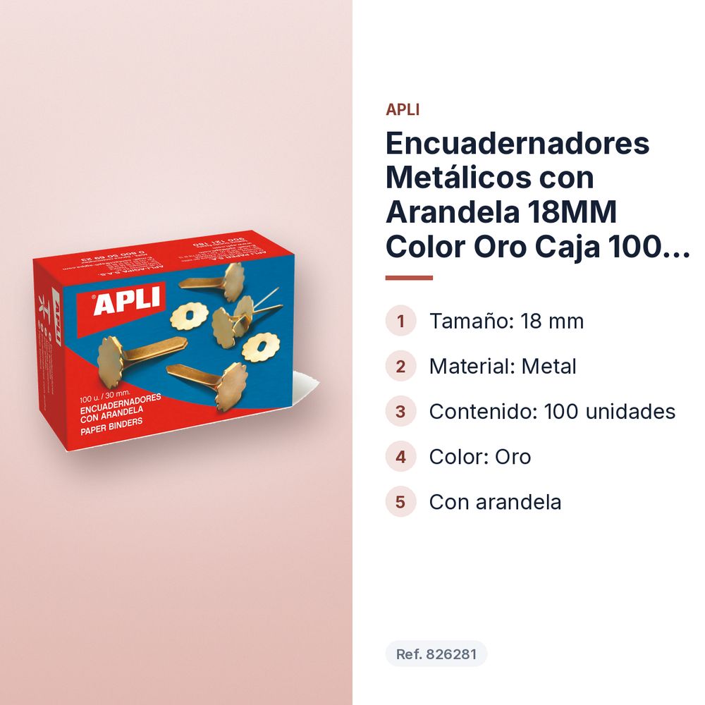 ENCUADERNADORES METÁLICOS CON ARANDELA 18MM COLOR ORO CAJA 100 UDS - características principales