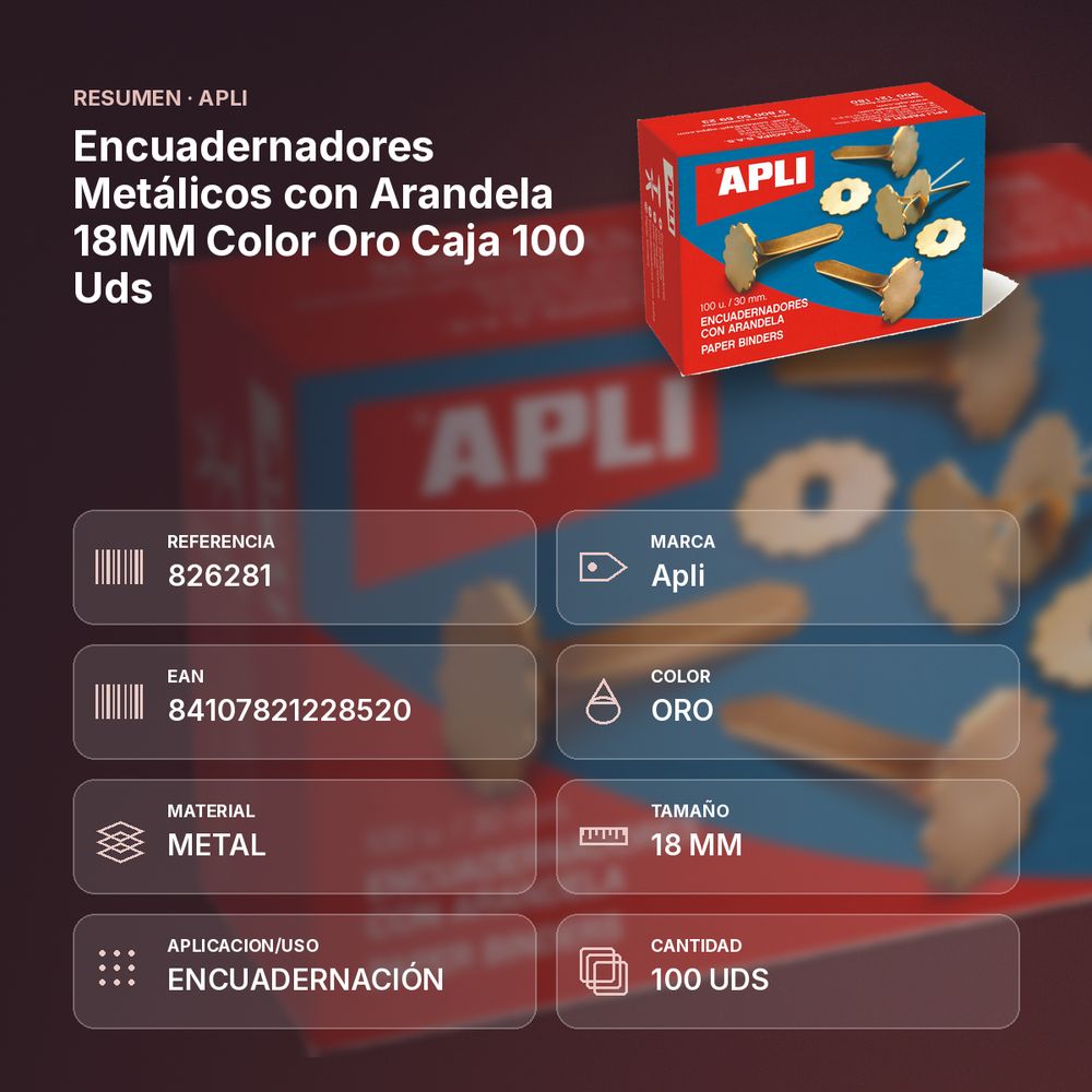 ENCUADERNADORES METÁLICOS CON ARANDELA 18MM COLOR ORO CAJA 100 UDS - resumen de atributos