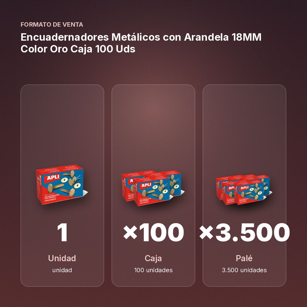 ENCUADERNADORES METÁLICOS CON ARANDELA 18MM COLOR ORO CAJA 100 UDS - formato de venta: caja de 100, palé de 3500