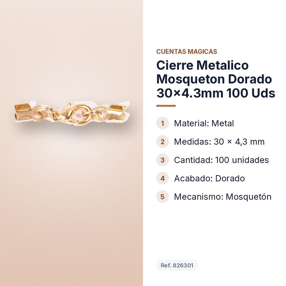 CIERRE METALICO MOSQUETON DORADO 30X4.3MM 100 UDS - características principales