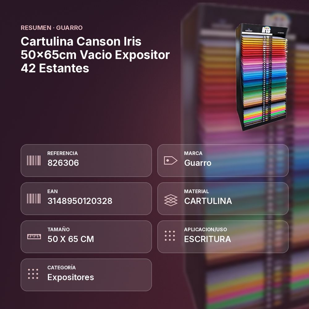 CARTULINA CANSON IRIS 50×65CM VACIO EXPOSITOR 42 ESTANTES - resumen de atributos