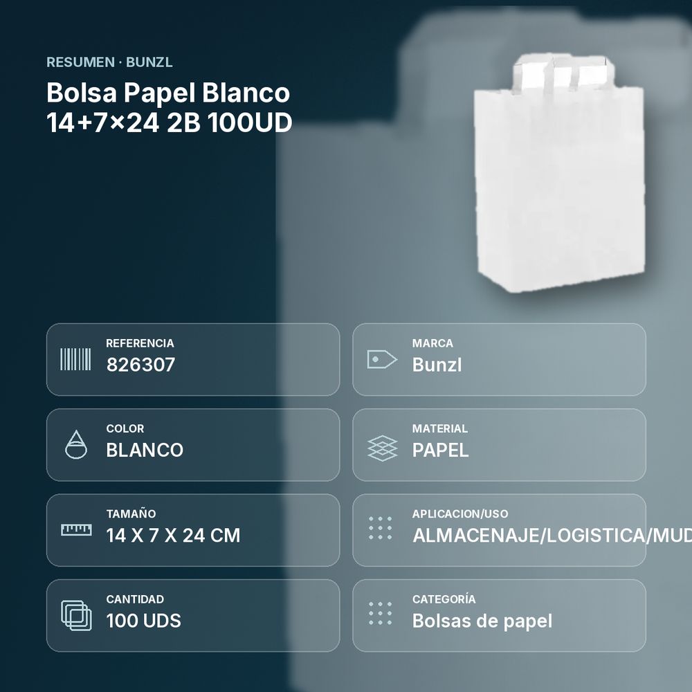 BOLSA PAPEL BLANCO 14+7X24 2B 100UD - resumen de atributos