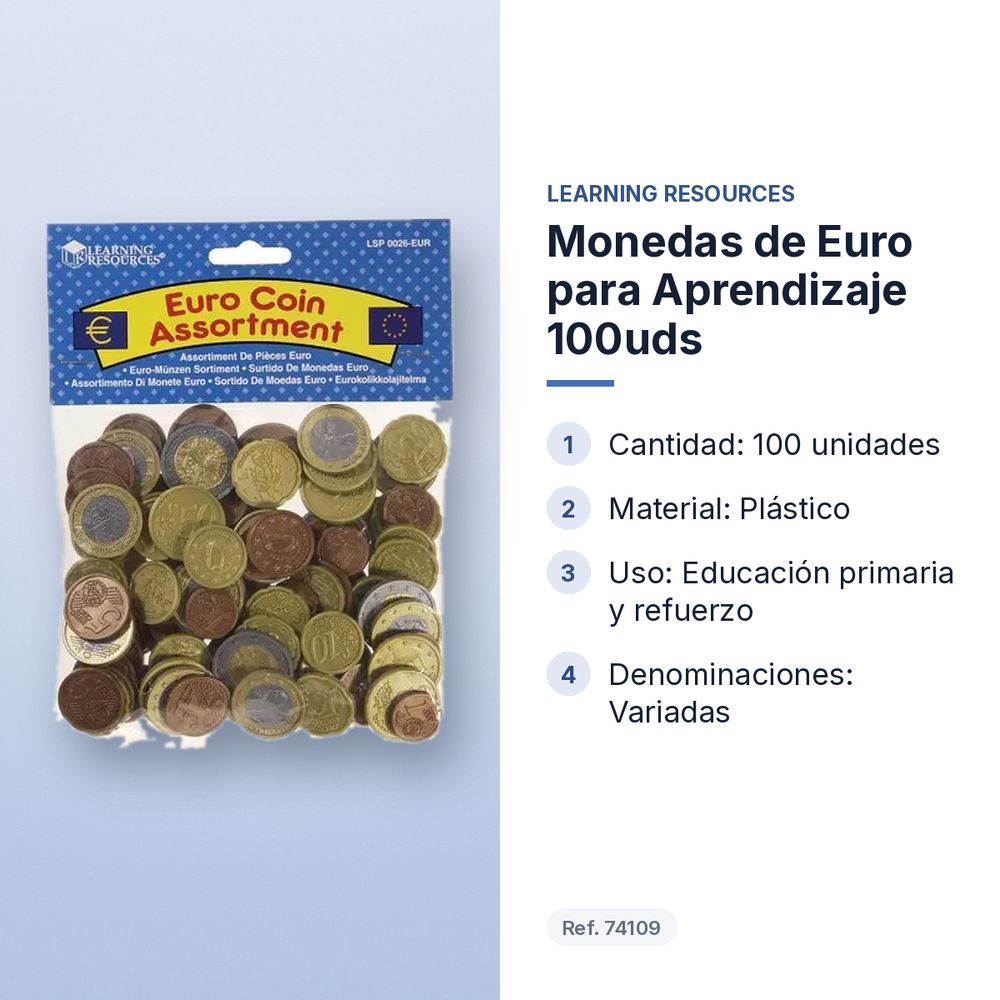 MONEDAS DE EURO PARA APRENDIZAJE 100UDS - características principales