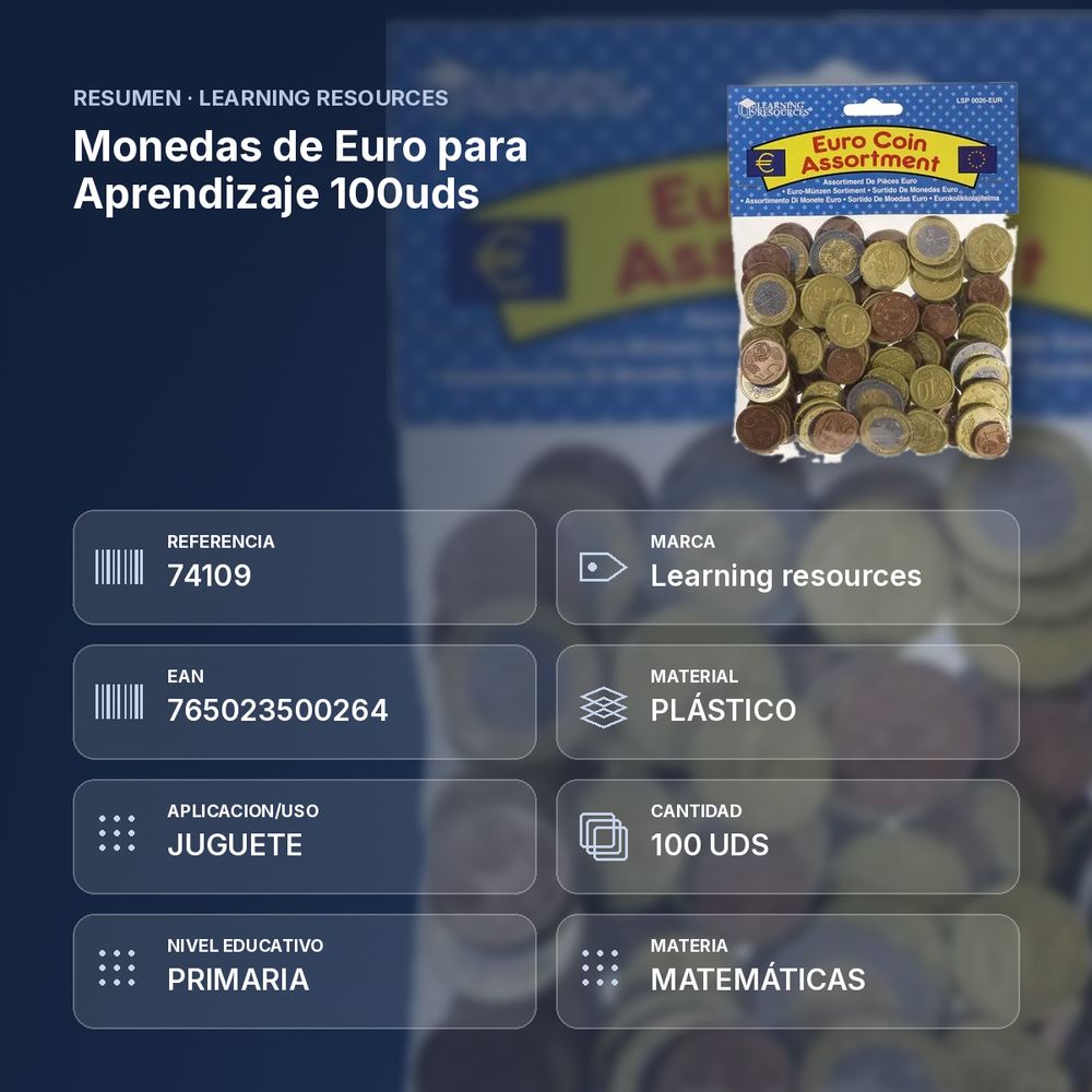 MONEDAS DE EURO PARA APRENDIZAJE 100UDS - resumen de atributos