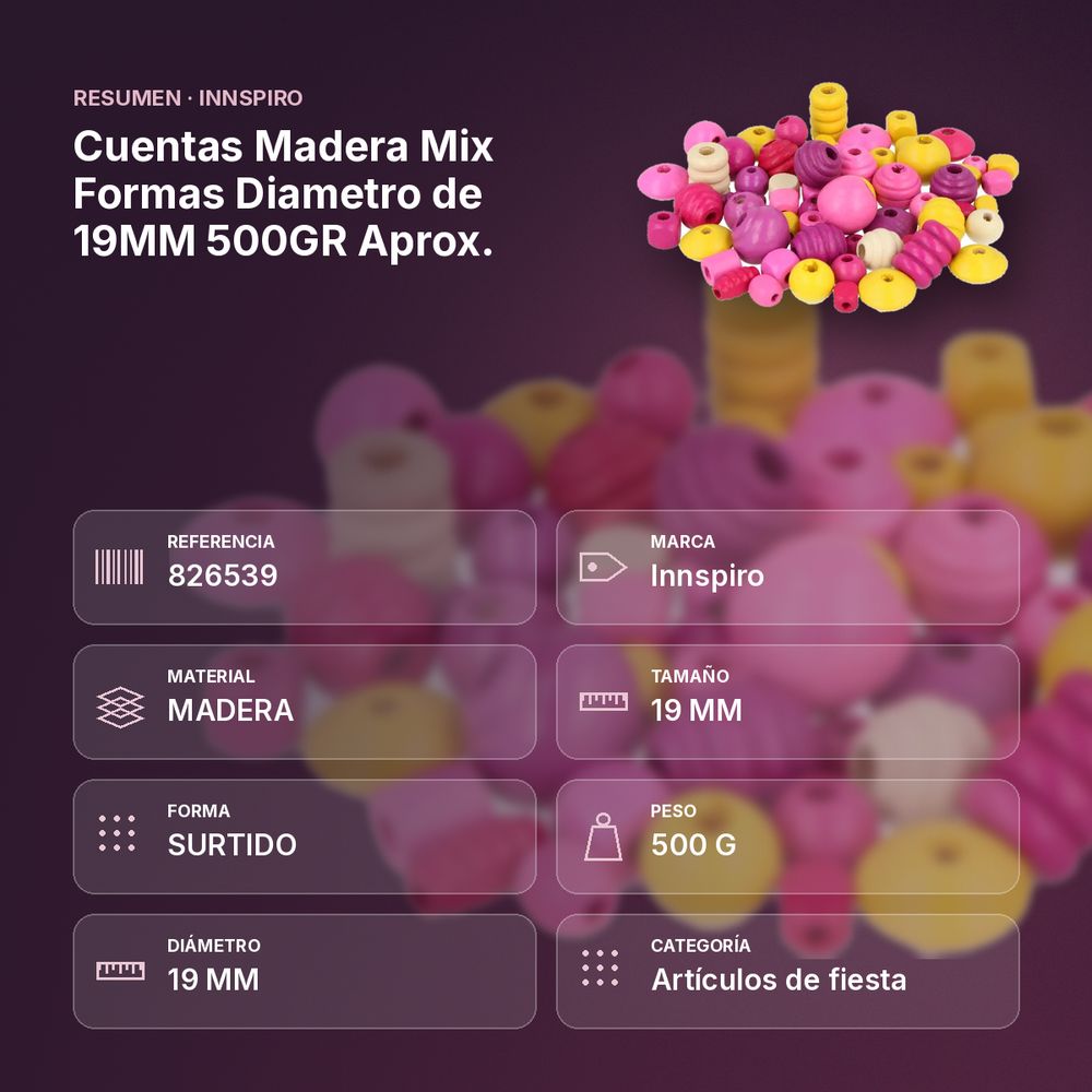 CUENTAS MADERA MIX FORMAS DIAMETRO DE 19MM 500GR APROX. - resumen de atributos