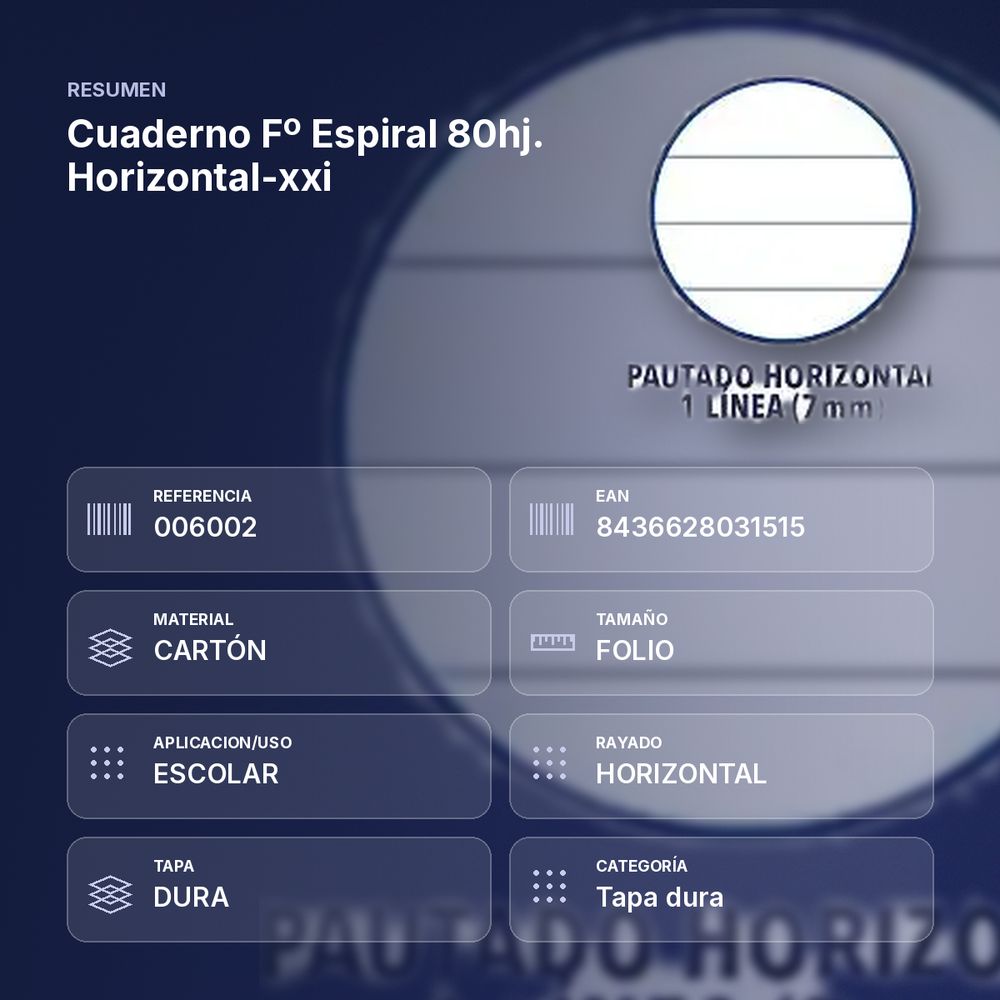 CUADERNO Fº ESPIRAL 80HJ. HORIZONTAL-XXI  - resumen de atributos