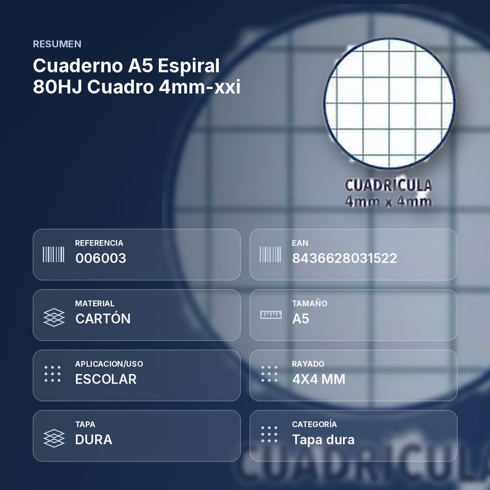 CUADERNO A5 ESPIRAL 80HJ CUADRO 4MM-XXI   - resumen de atributos