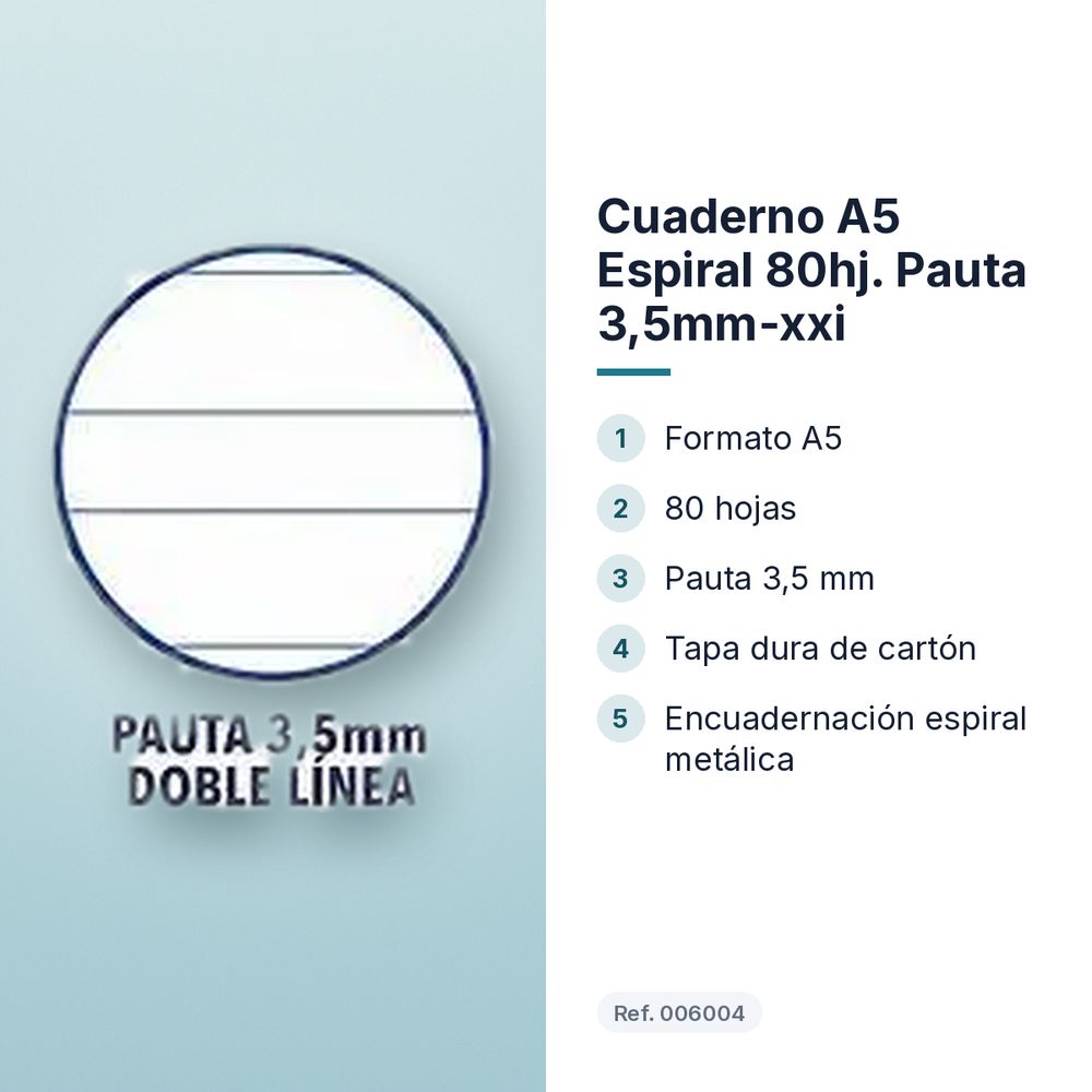 CUADERNO A5 ESPIRAL 80HJ. PAUTA 3,5MM-XXI    - características principales