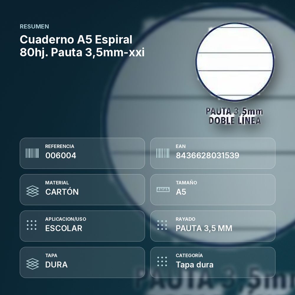 CUADERNO A5 ESPIRAL 80HJ. PAUTA 3,5MM-XXI    - resumen de atributos