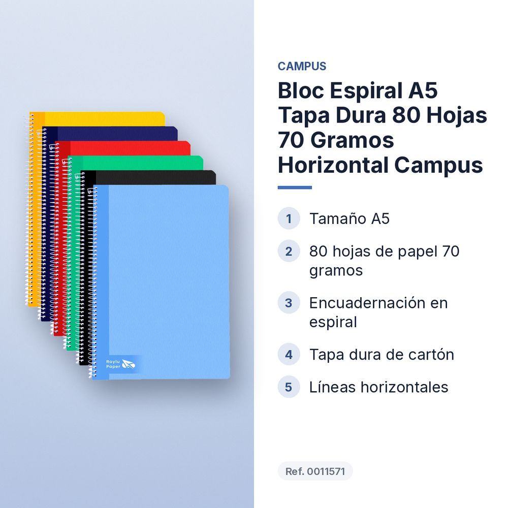 BLOC ESPIRAL A5 TAPA DURA 80 HOJAS 70 GRAMOS HORIZONTAL CAMPUS - características principales