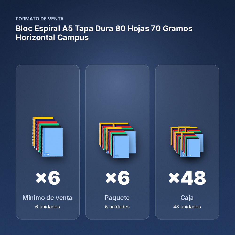 BLOC ESPIRAL A5 TAPA DURA 80 HOJAS 70 GRAMOS HORIZONTAL CAMPUS - formato de venta: paquete de 6, caja de 48