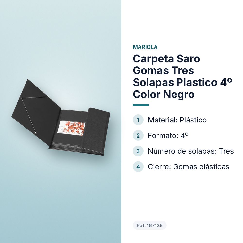 CARPETA SARO GOMAS TRES SOLAPAS PLASTICO 4º COLOR NEGRO - características principales