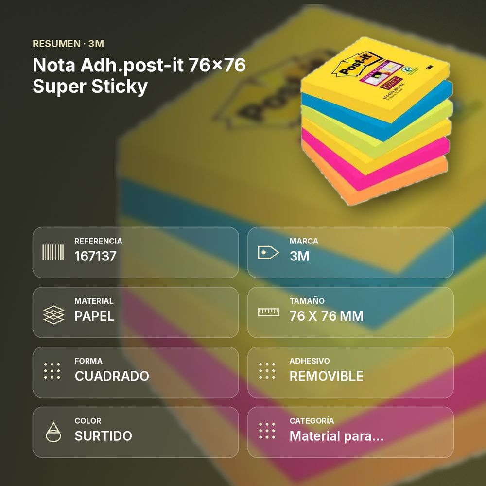 NOTA ADH.POST-IT 76X76 SUPER STICKY - resumen de atributos