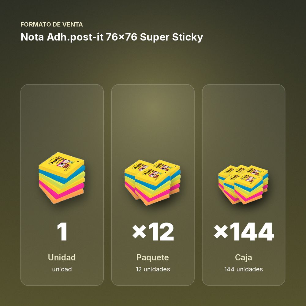 NOTA ADH.POST-IT 76X76 SUPER STICKY - formato de venta: paquete de 12, caja de 144