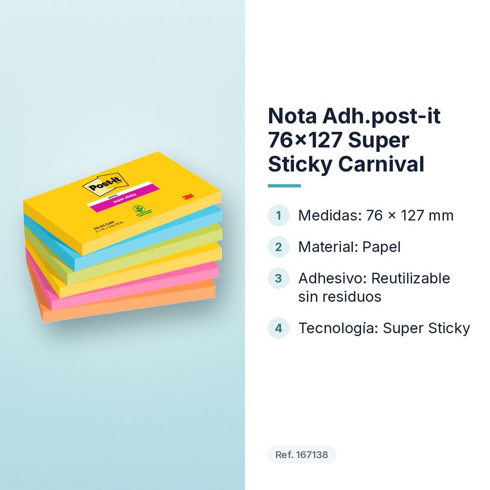 NOTA ADH.POST-IT 76X127 SUPER STICKY CARNIVAL - características principales