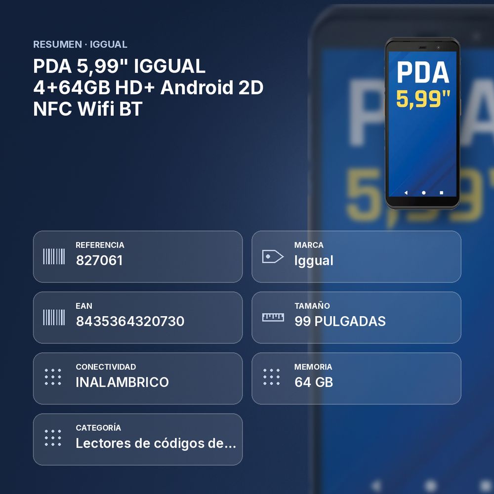 PDA 5,99" IGGUAL 4+64GB HD+ Android 2D NFC Wifi BT - resumen de atributos