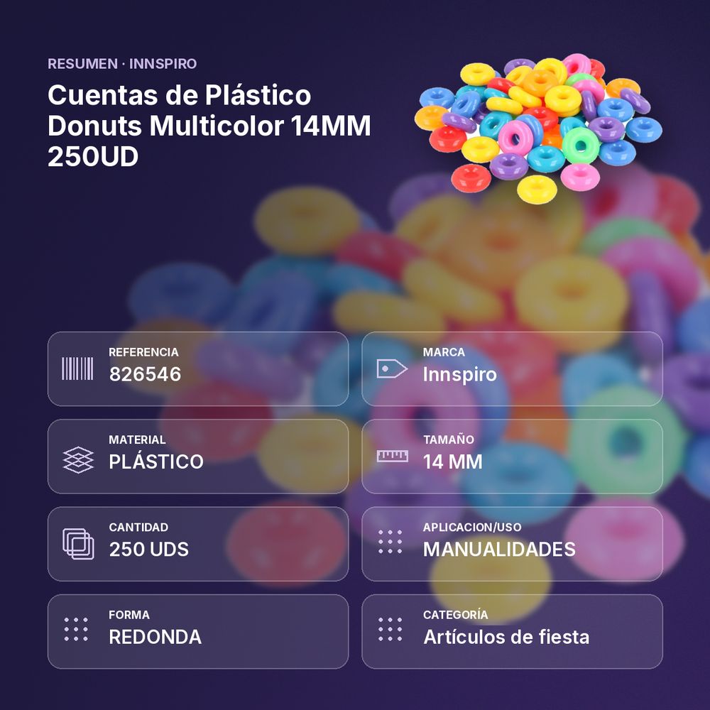 CUENTAS DE PLÁSTICO DONUTS MULTICOLOR 14MM 250UD  - resumen de atributos
