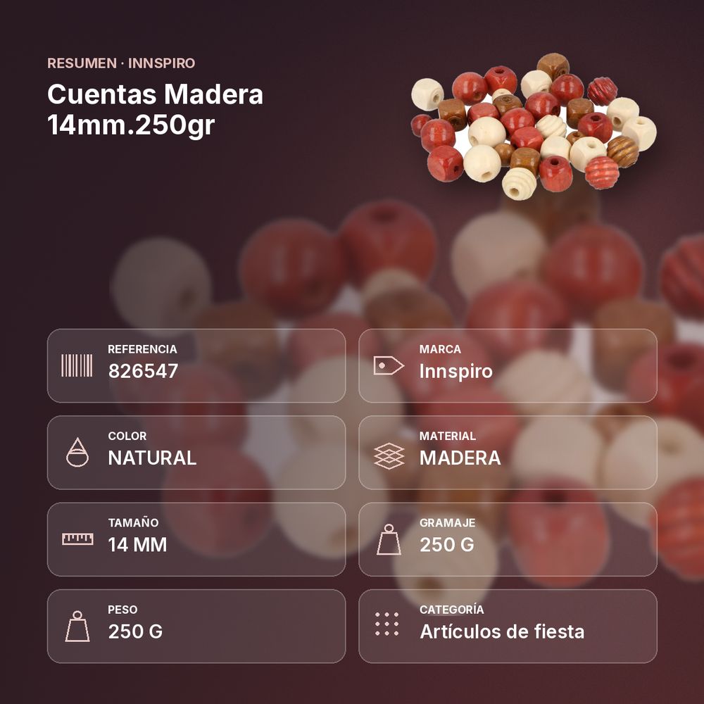 CUENTAS MADERA 14MM.250GR  - resumen de atributos