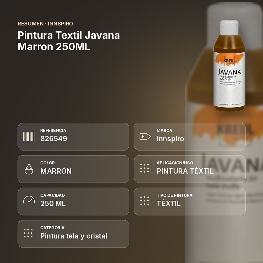 PINTURA TEXTIL JAVANA MARRON 250ML - resumen de atributos