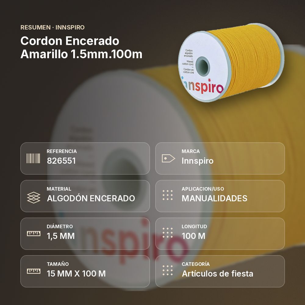 CORDON ENCERADO AMARILLO 1.5MM.100M - resumen de atributos