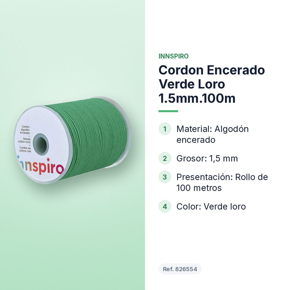 CORDON ENCERADO VERDE LORO 1.5MM.100M   - características principales