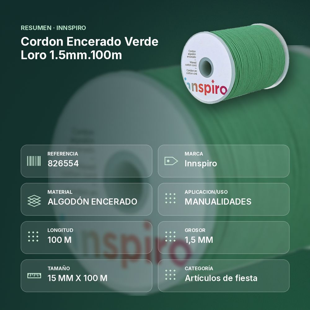CORDON ENCERADO VERDE LORO 1.5MM.100M   - resumen de atributos