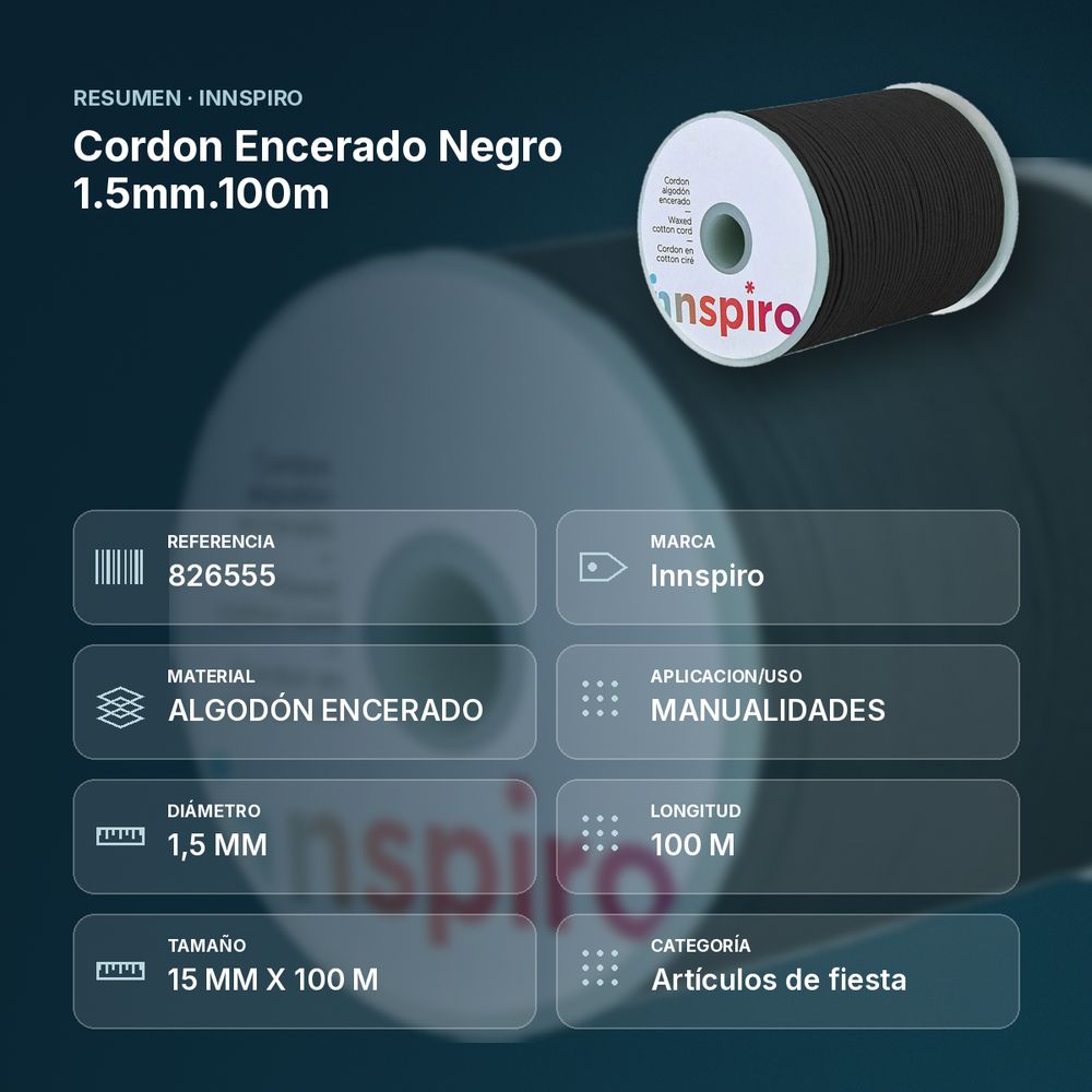 CORDON ENCERADO NEGRO 1.5MM.100M    - resumen de atributos