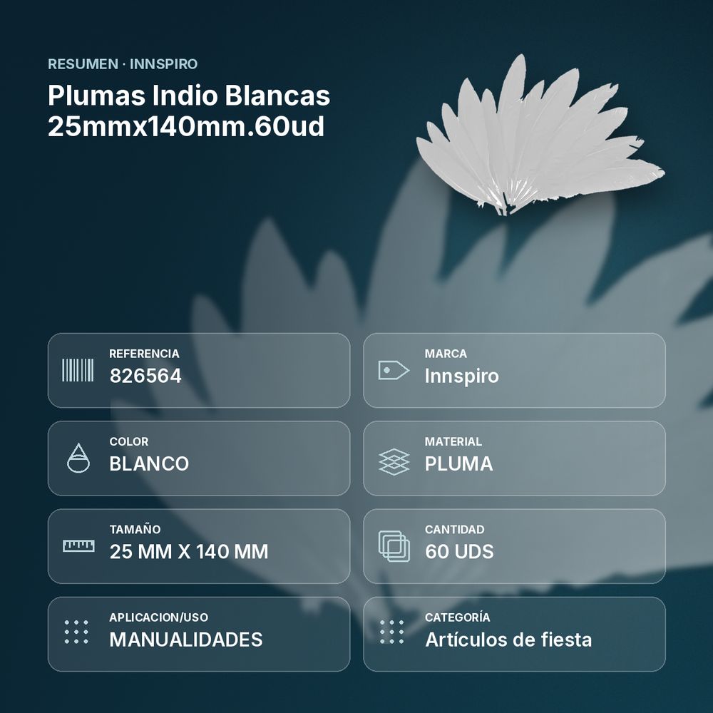 PLUMAS INDIO BLANCAS 25MMX140MM.60UD - resumen de atributos