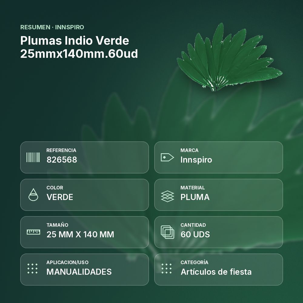 PLUMAS INDIO VERDE 25MMX140MM.60UD     - resumen de atributos