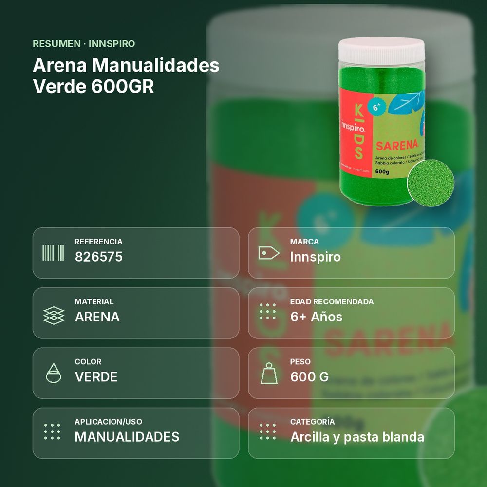 ARENA MANUALIDADES VERDE 600GR          - resumen de atributos