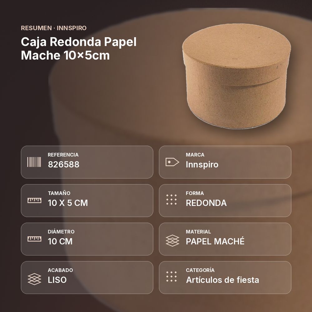 CAJA REDONDA PAPEL MACHE 10X5CM - resumen de atributos