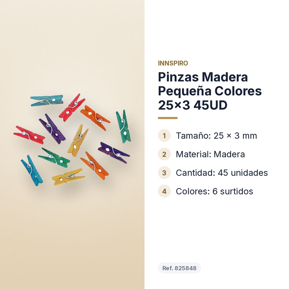 PINZAS MADERA PEQUEÑA COLORES 25X3 45UD - características principales