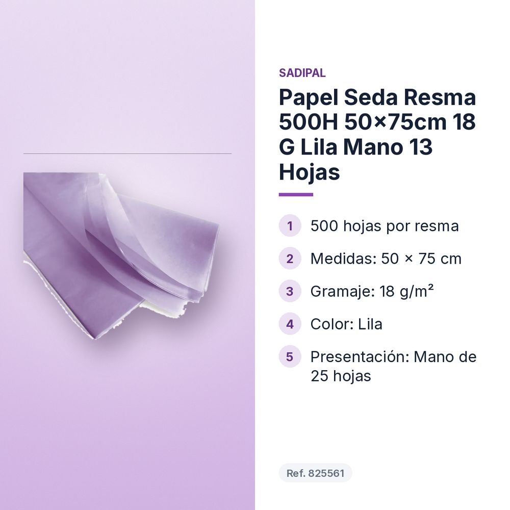 PAPEL SEDA RESMA 500H 50×75CM 18 G LILA MANO 13 HOJAS  - características principales