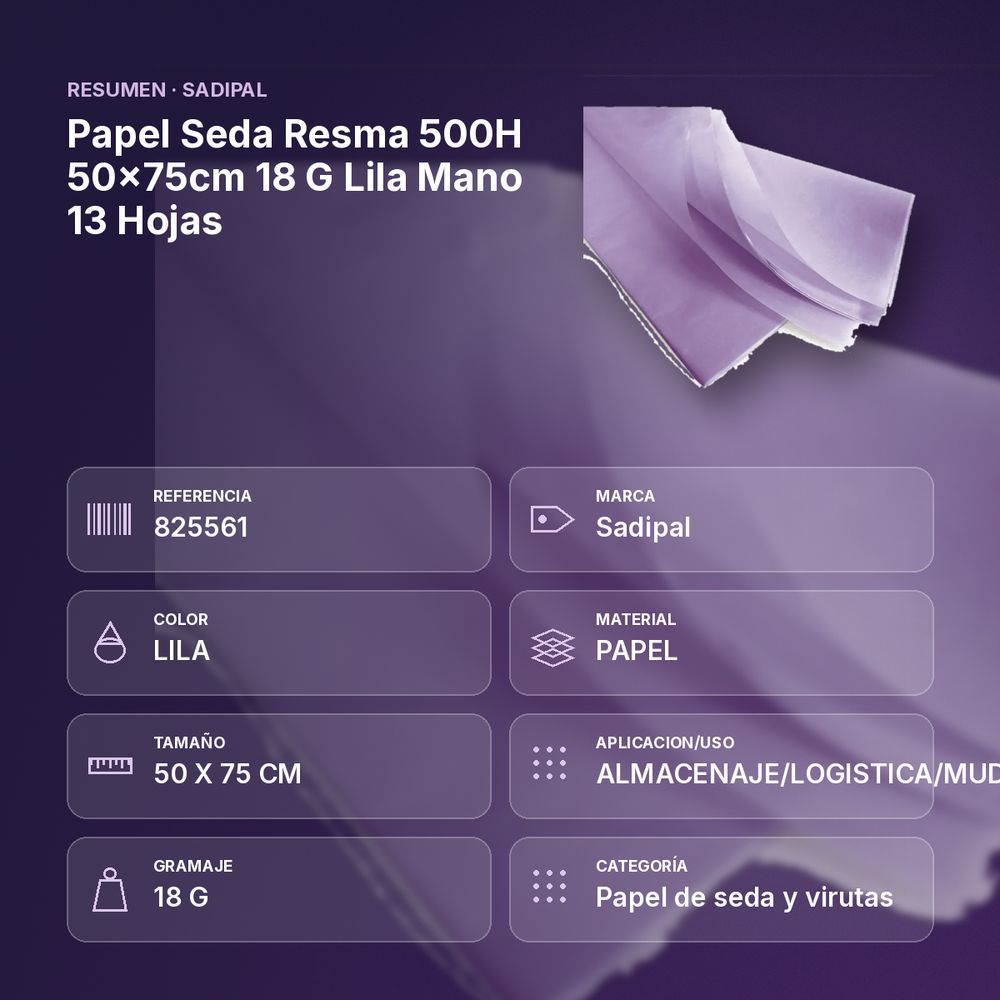 PAPEL SEDA RESMA 500H 50×75CM 18 G LILA MANO 13 HOJAS  - resumen de atributos