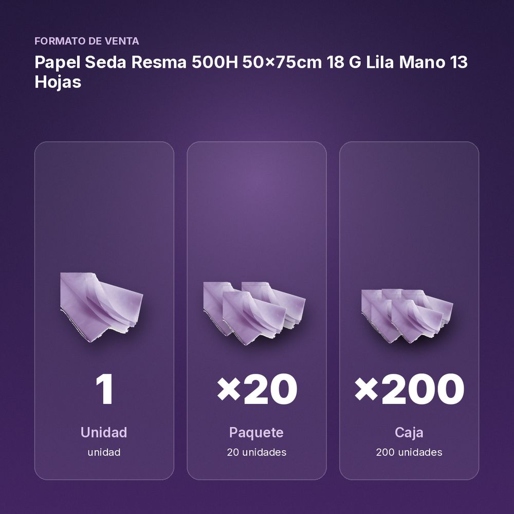 PAPEL SEDA RESMA 500H 50×75CM 18 G LILA MANO 13 HOJAS  - formato de venta: paquete de 20, caja de 200