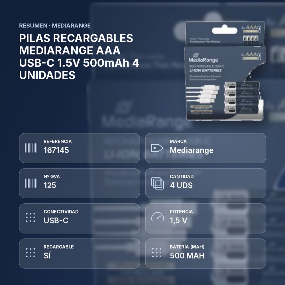PILAS RECARGABLES MEDIARANGE AAA USB-C 1.5V 500mAh 4 UNIDADES  - resumen de atributos