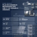 PILAS RECARGABLES MEDIARANGE AAA USB-C 1.5V 500mAh 4 UNIDADES  - resumen de atributos