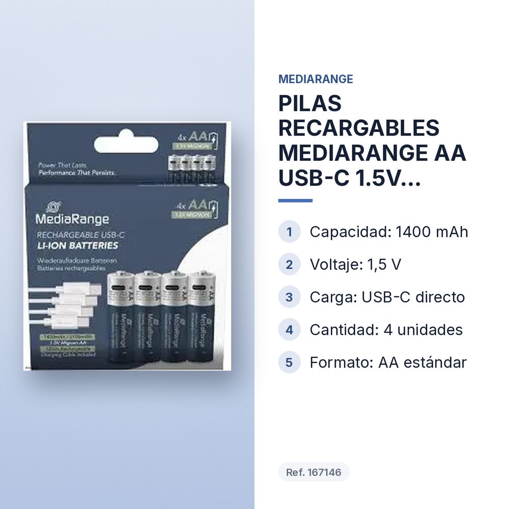 PILAS RECARGABLES MEDIARANGE AA USB-C 1.5V 1400mAh 4 UNIDADES  - características principales
