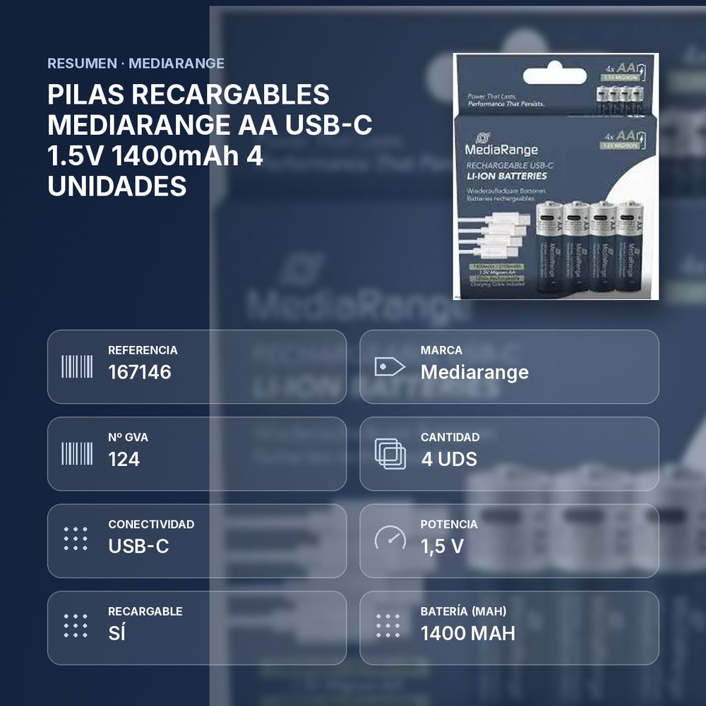 PILAS RECARGABLES MEDIARANGE AA USB-C 1.5V 1400mAh 4 UNIDADES  - resumen de atributos