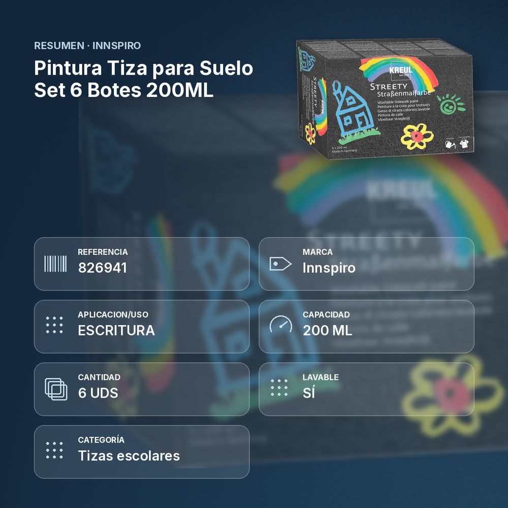 PINTURA TIZA PARA SUELO SET 6 BOTES 200ML - resumen de atributos