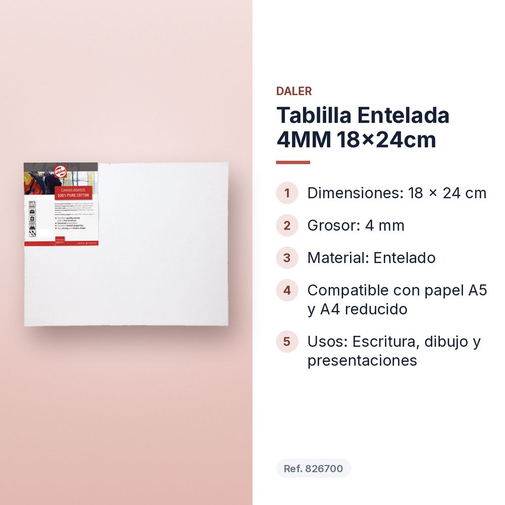 TABLILLA ENTELADA 4MM 18X24CM  - características principales