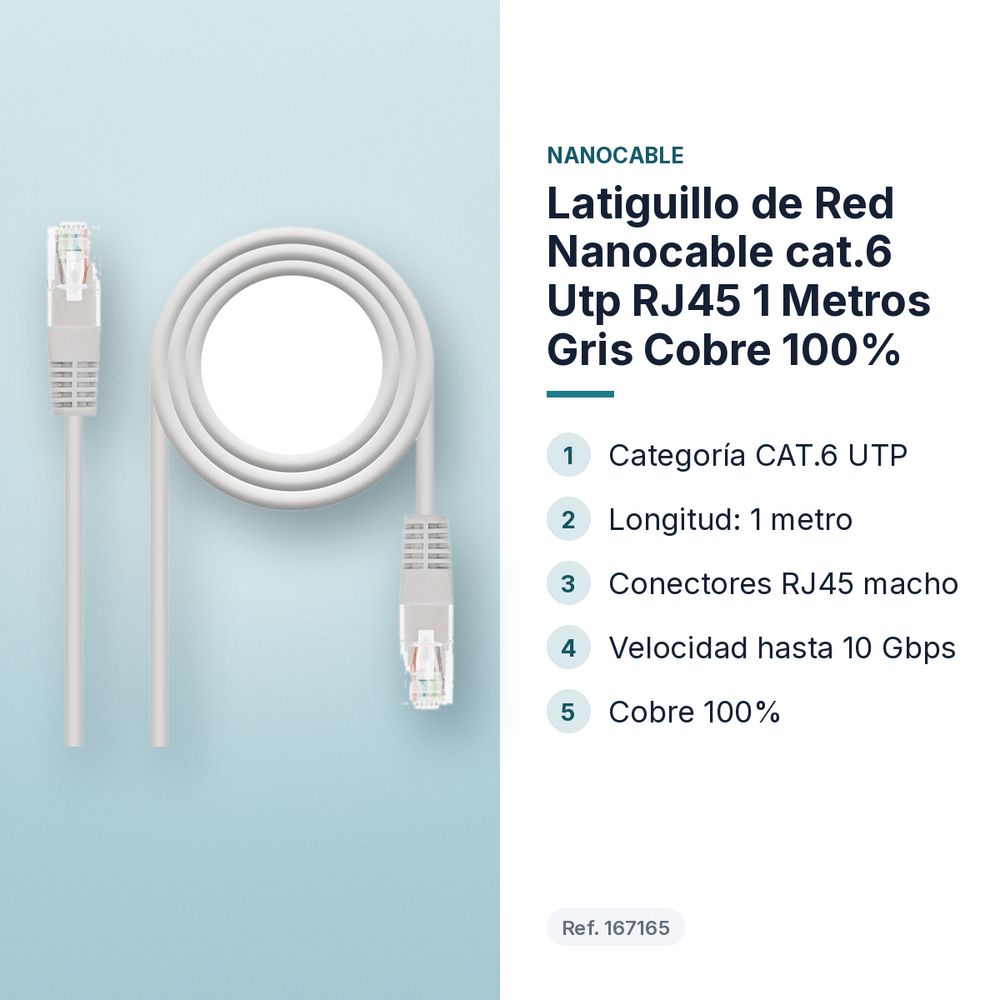 LATIGUILLO DE RED NANOCABLE CAT.6 UTP RJ45 1 METROS GRIS COBRE 100%  - características principales