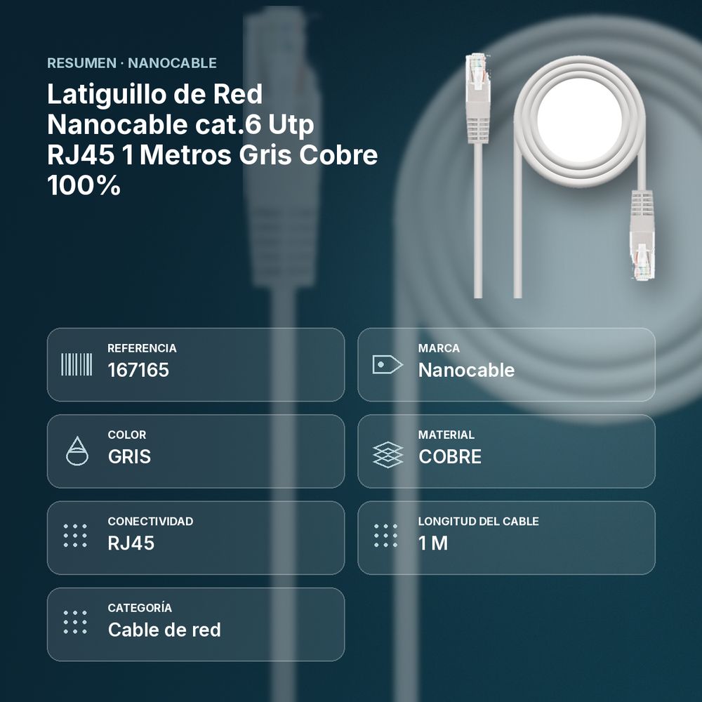LATIGUILLO DE RED NANOCABLE CAT.6 UTP RJ45 1 METROS GRIS COBRE 100%  - resumen de atributos