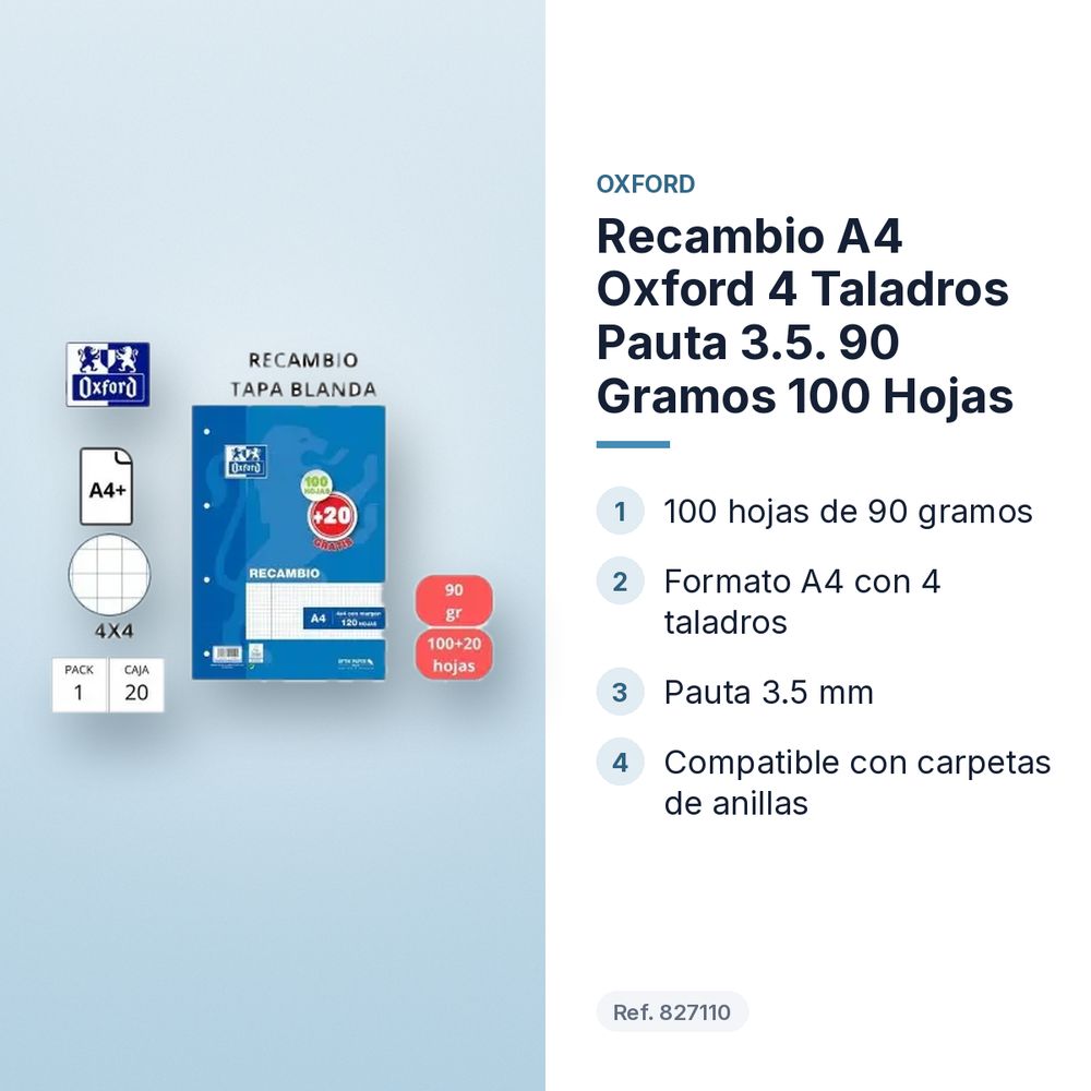 RECAMBIO A4 OXFORD 4 TALADROS PAUTA 3.5. 90 GRAMOS 100 HOJAS  - características principales
