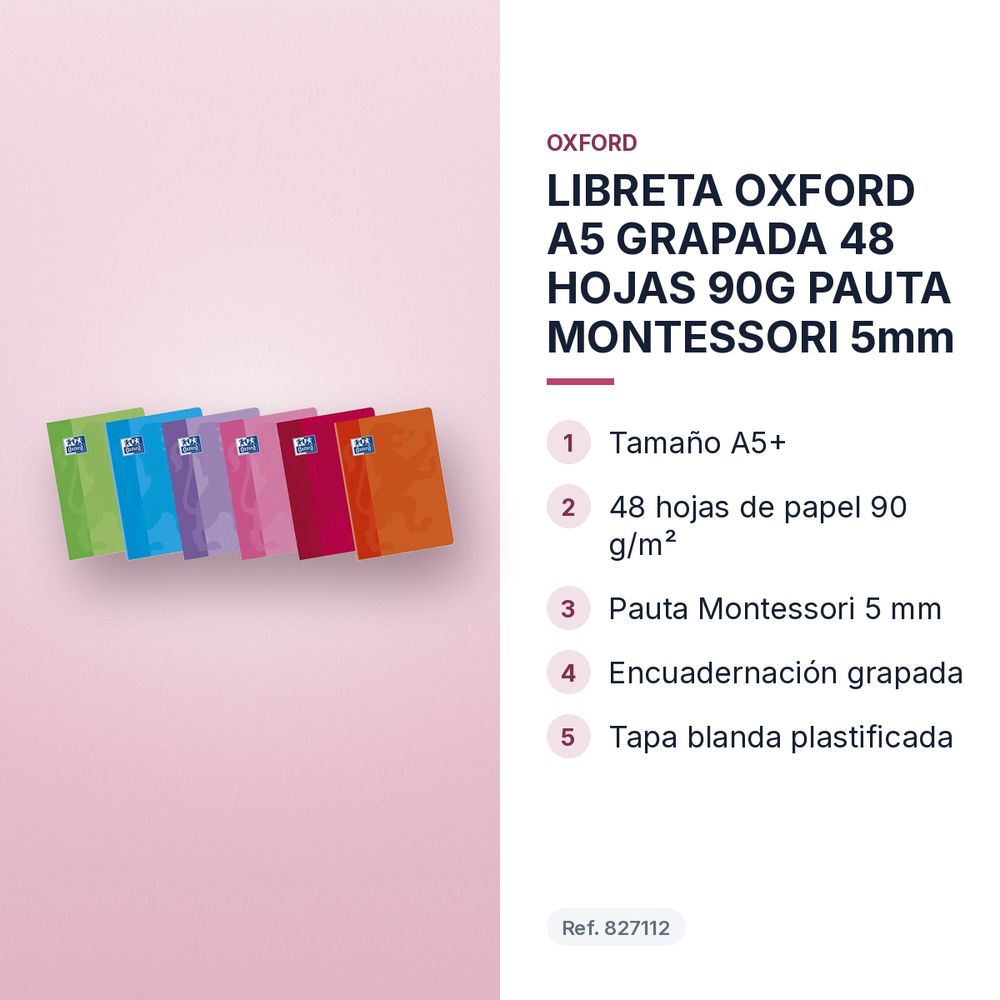 LIBRETA OXFORD A5 GRAPADA 48 HOJAS 90G PAUTA MONTESSORI 5mm - características principales