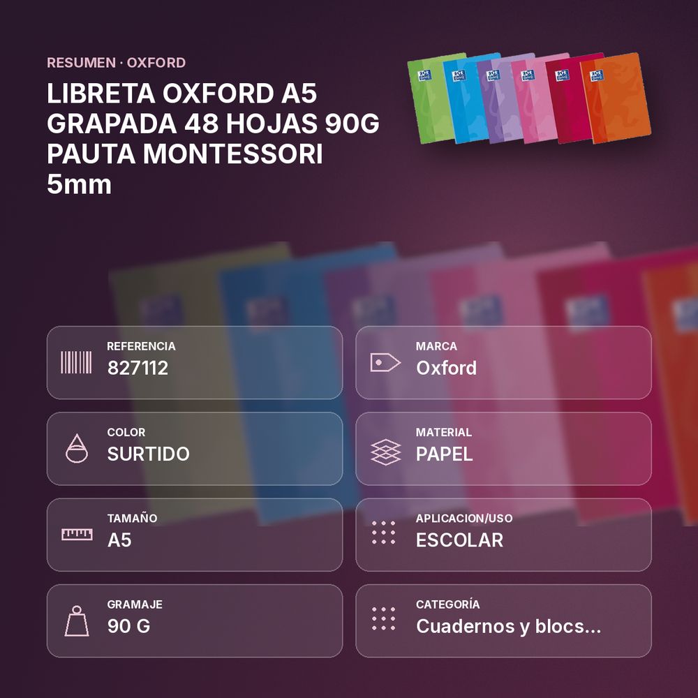 LIBRETA OXFORD A5 GRAPADA 48 HOJAS 90G PAUTA MONTESSORI 5mm - resumen de atributos
