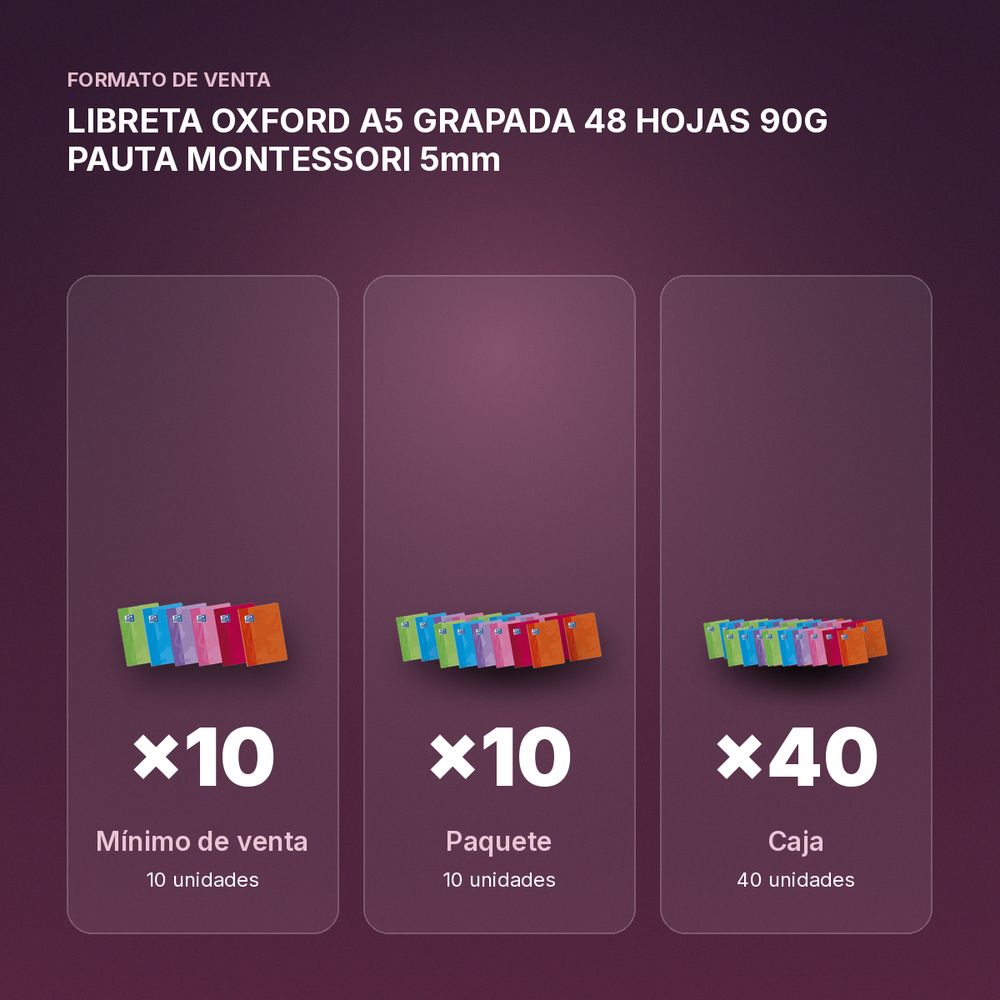 LIBRETA OXFORD A5 GRAPADA 48 HOJAS 90G PAUTA MONTESSORI 5mm - formato de venta: paquete de 10, caja de 40, palé de 3600